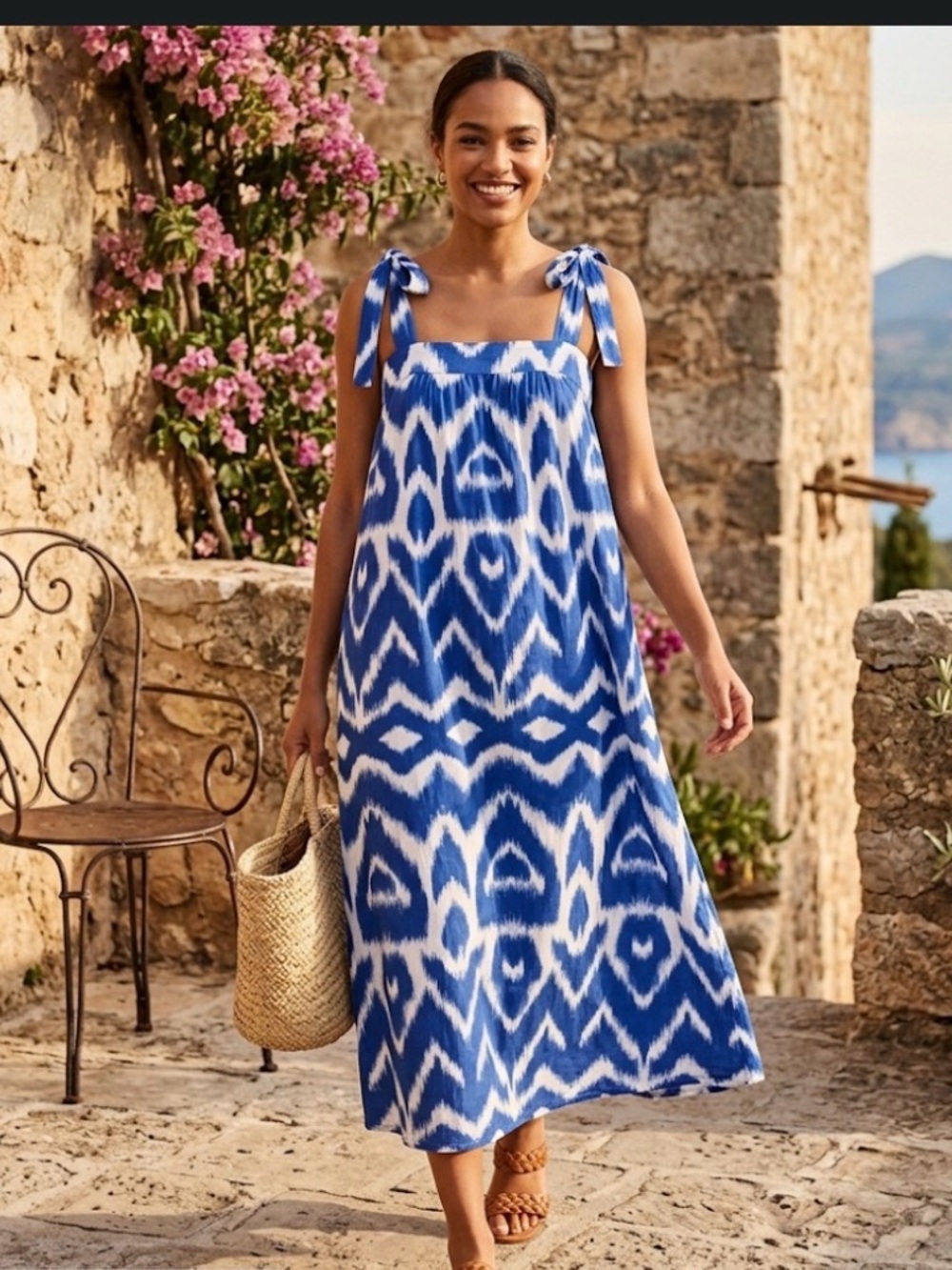 H&M Blue & White Ikat Print Cotton Midi Dress. Tie Shoulder. Size Small